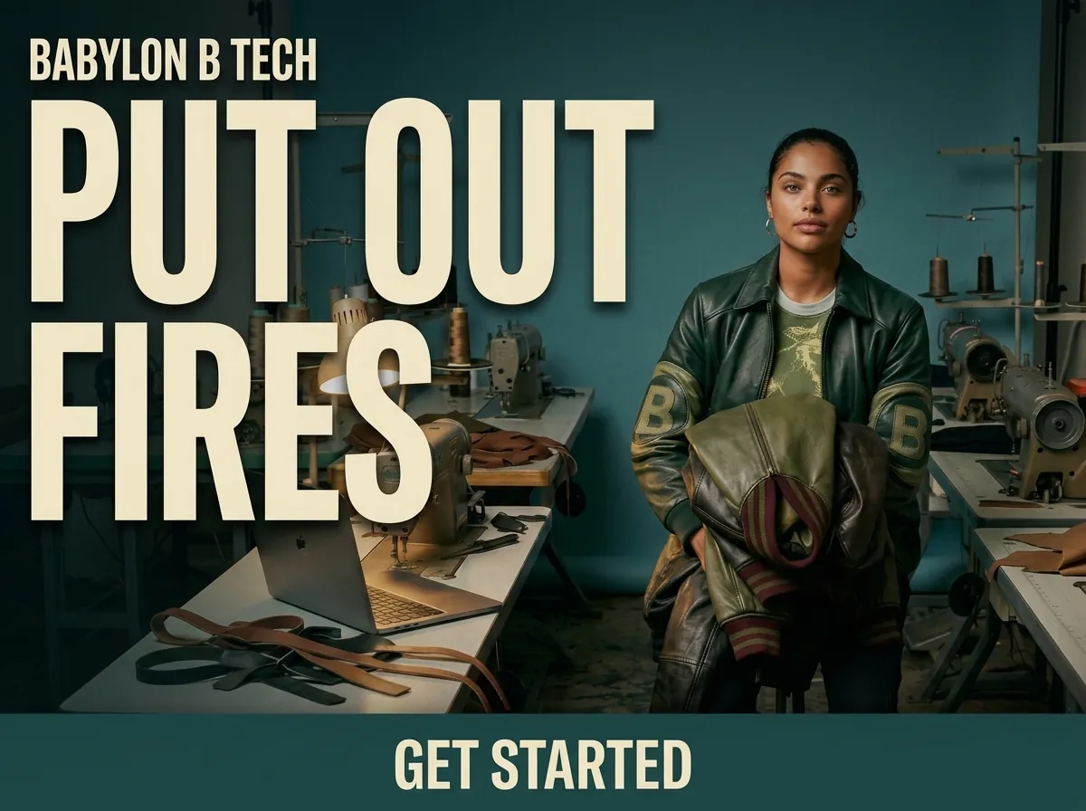 PUT OUT FIRES — Babylon B Tech, the small business survival issue. A calm professional works while office chaos burns behind her.