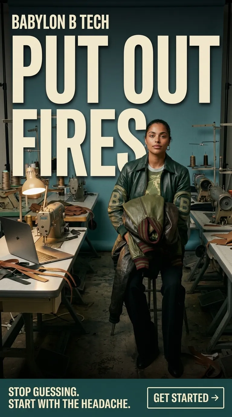 PUT OUT FIRES — Babylon B Tech, the small business survival issue. A calm professional works while office chaos burns behind her.