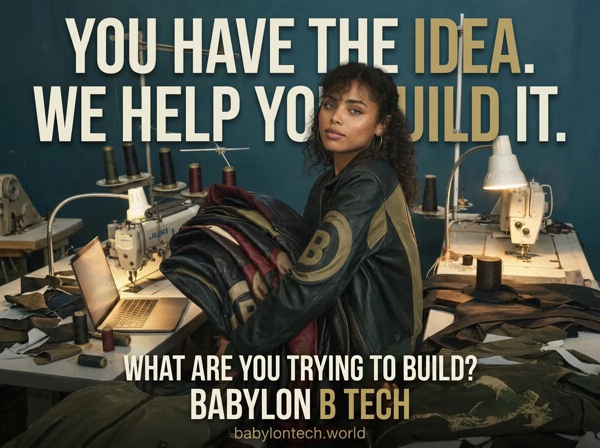 Babylon B Tech poster: You have the idea. We help you build it. — a confident builder stands ready to turn your idea into a scoped plan.